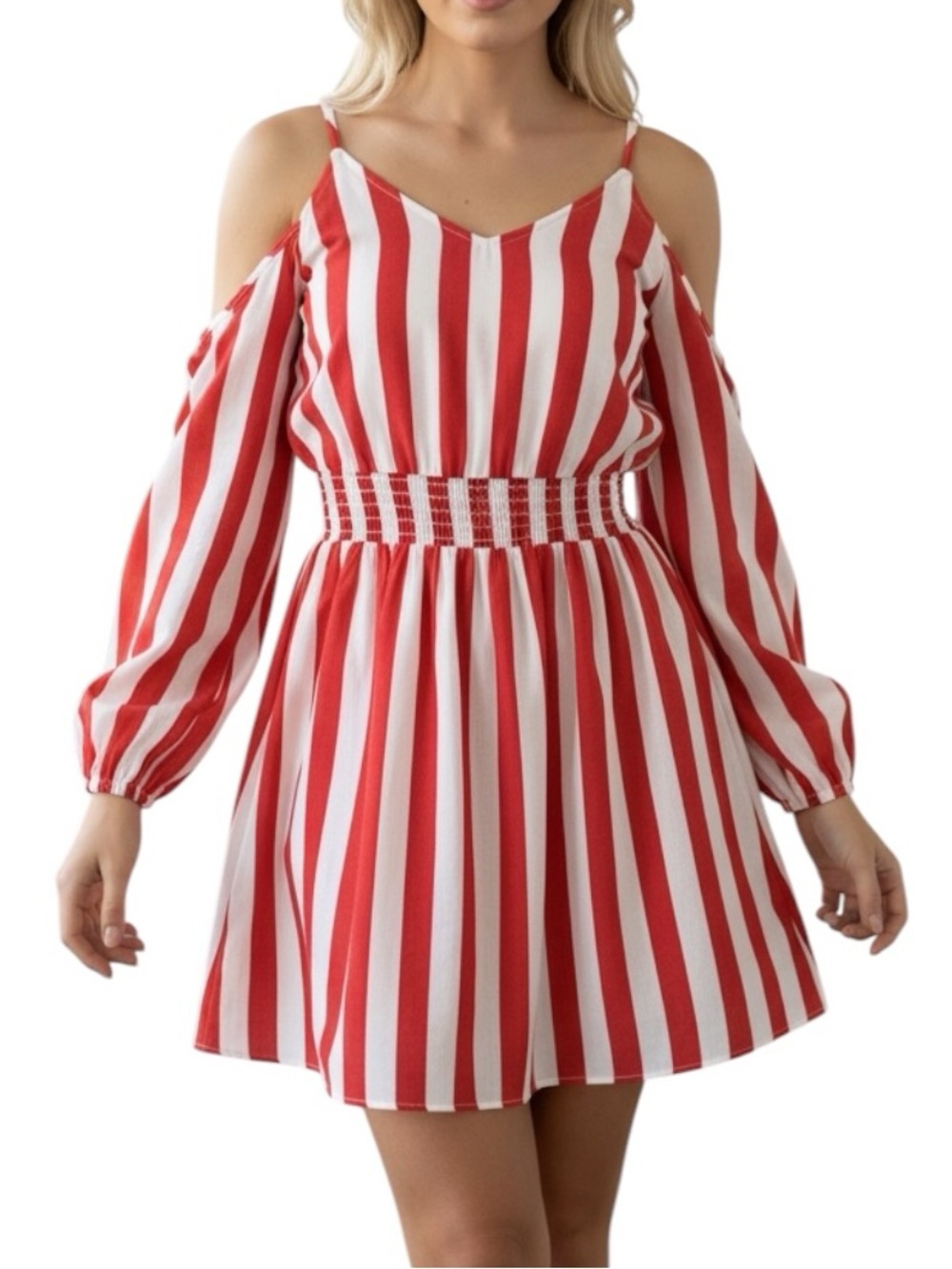 Balmain Striped Off-Shoulder Mini Dress Red White Cut Out Size M $1695 Luxury